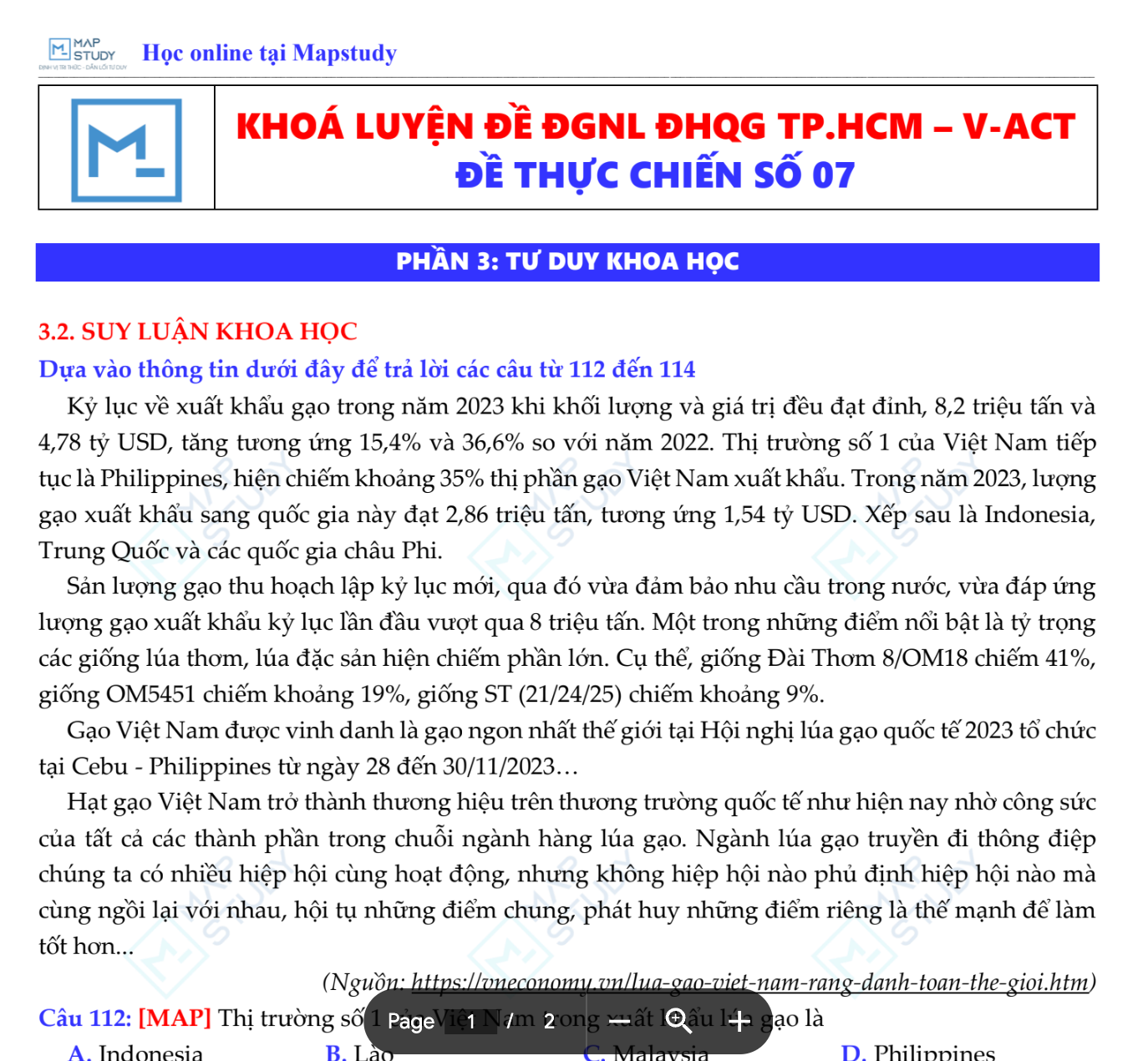 MÔN ĐỊA LÝ- LUYỆN ĐỀ ĐÁNH GIÁ NĂNG LỰC ĐHQG TP.HCM - APT - MAPSTUDY BỘ ĐỀ SỐ 7