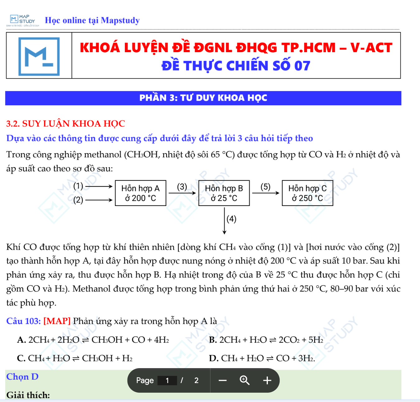 MÔN HÓA HỌC- LUYỆN ĐỀ ĐÁNH GIÁ NĂNG LỰC ĐHQG TP.HCM - APT - MAPSTUDY BỘ ĐỀ SỐ 7