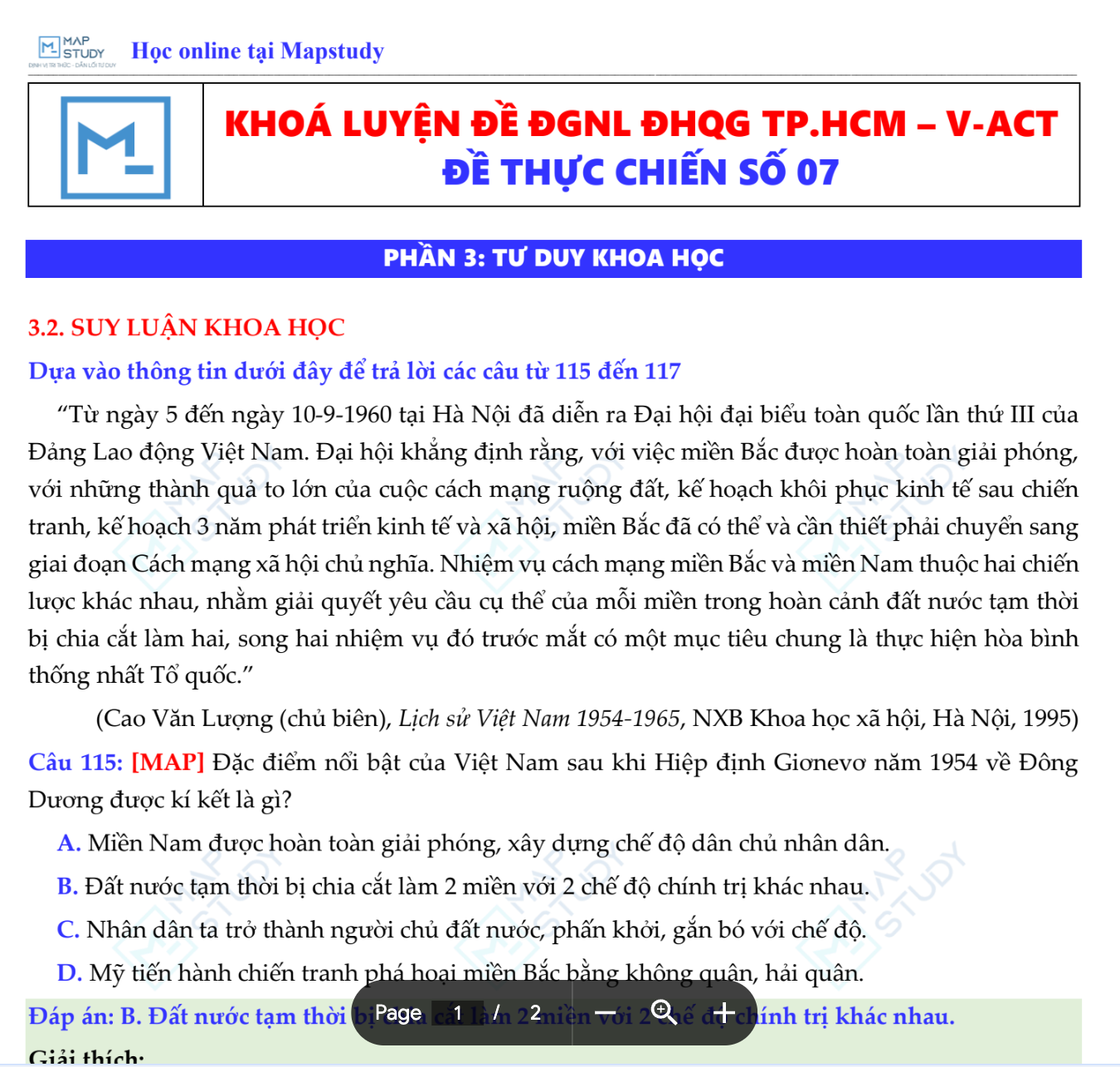 MÔN LỊCH SỬ- LUYỆN ĐỀ ĐÁNH GIÁ NĂNG LỰC ĐHQG TP.HCM - APT - MAPSTUDY BỘ ĐỀ SỐ 7
